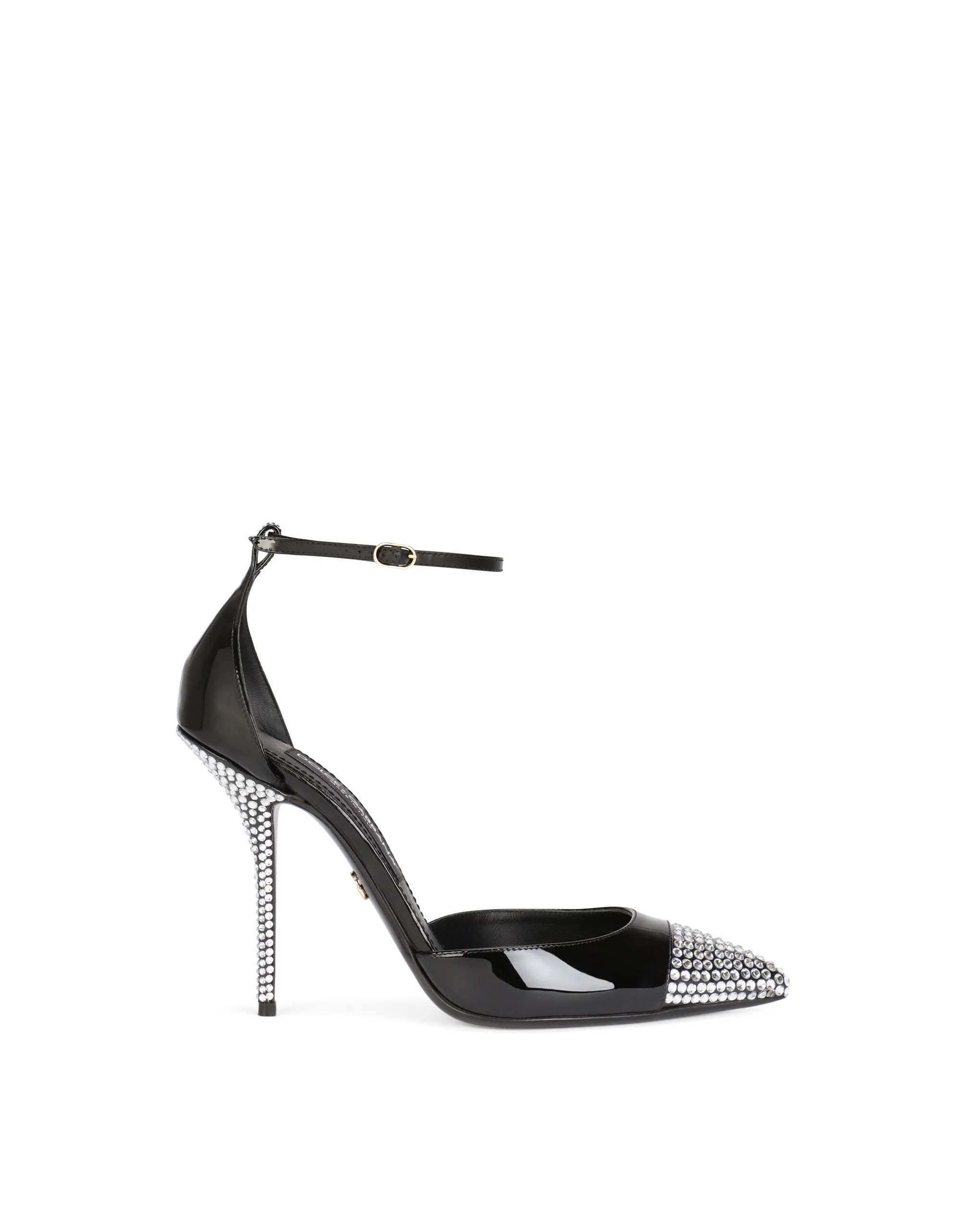 Patent leather pumps with fusible rhinestones