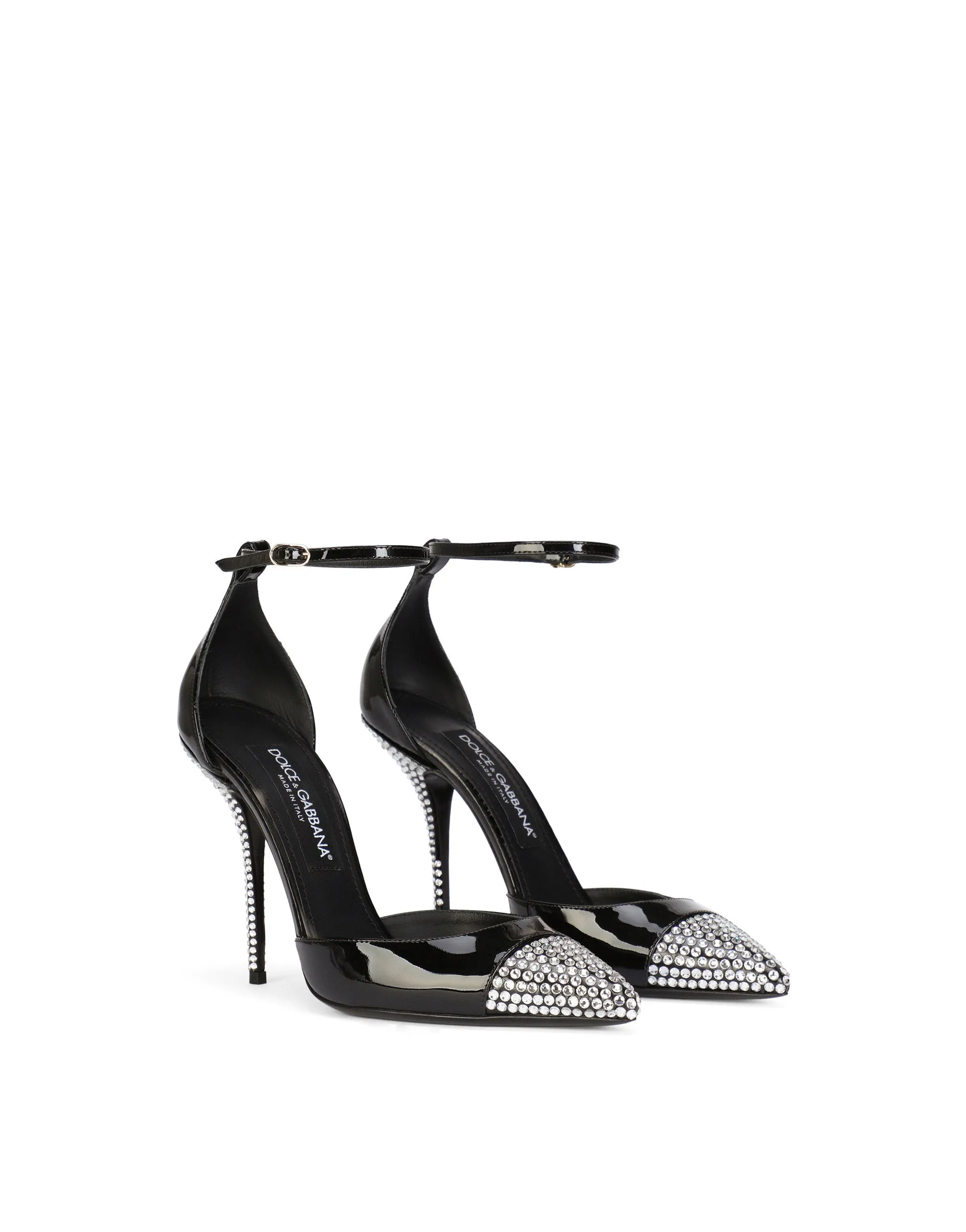 Patent leather pumps with fusible rhinestones