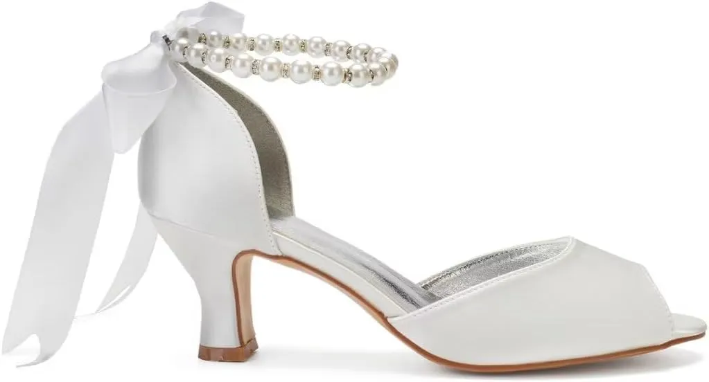 Pearl Wedding Shoes for Bride Low Heel Peep Toe Bridal Heels Wedding Heeled Sandals