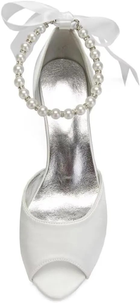 Pearl Wedding Shoes for Bride Low Heel Peep Toe Bridal Heels Wedding Heeled Sandals