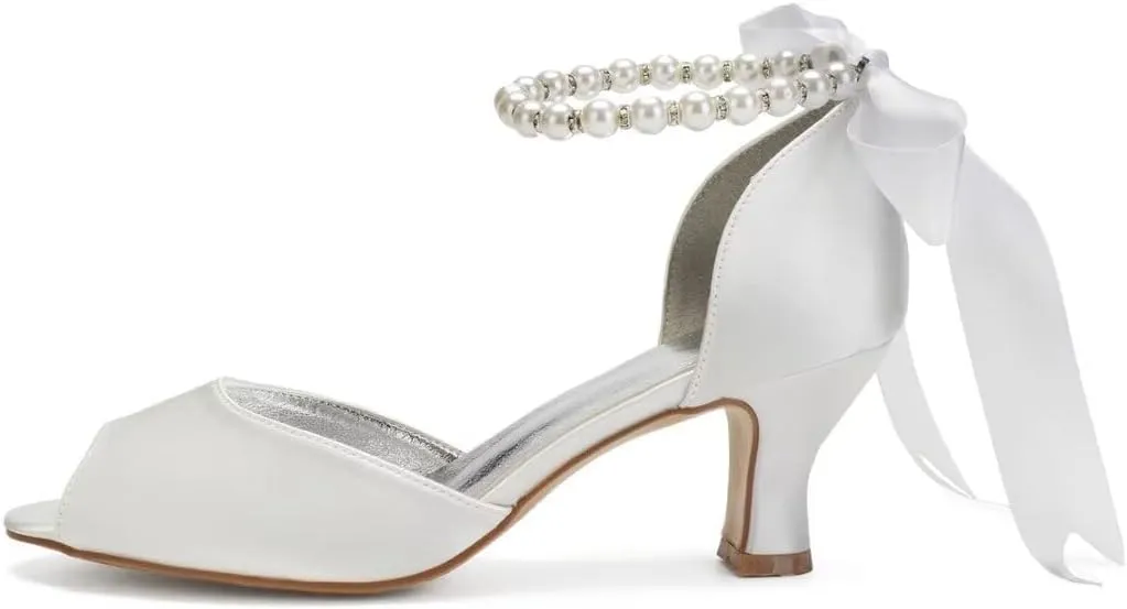 Pearl Wedding Shoes for Bride Low Heel Peep Toe Bridal Heels Wedding Heeled Sandals