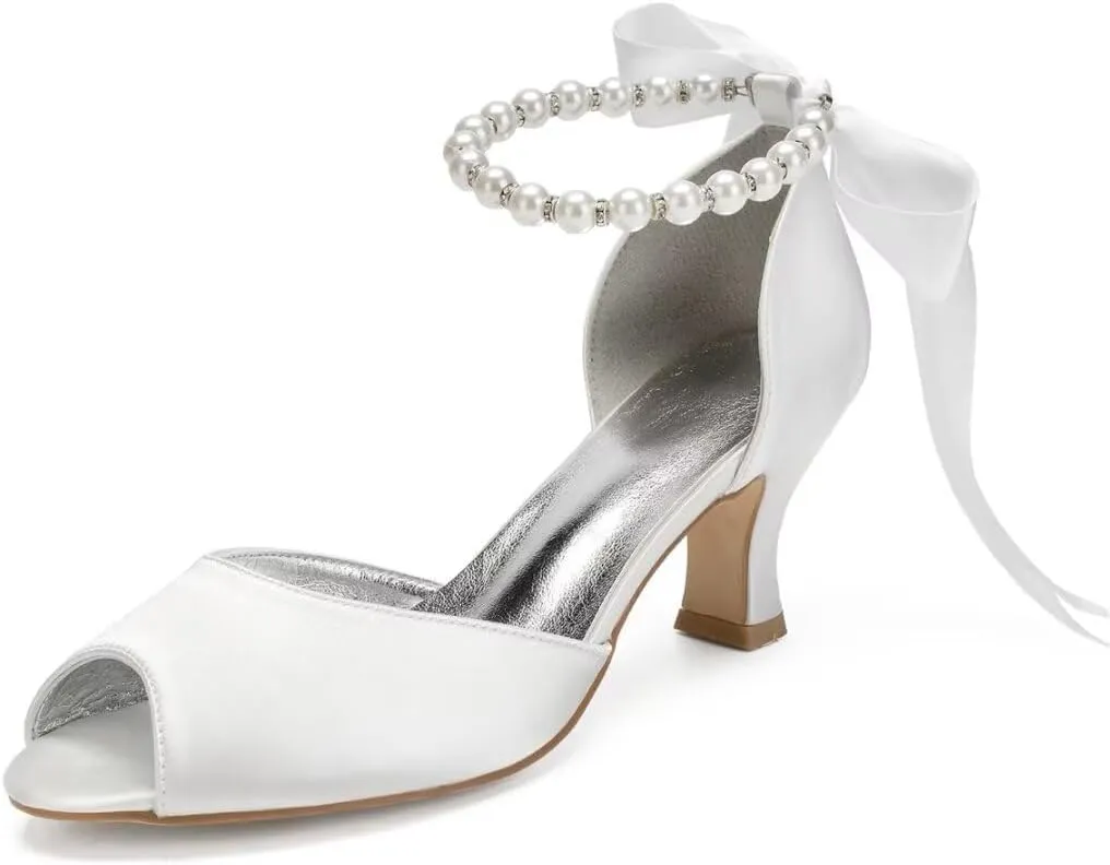 Pearl Wedding Shoes for Bride Low Heel Peep Toe Bridal Heels Wedding Heeled Sandals