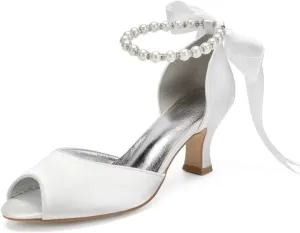 Pearl Wedding Shoes for Bride Low Heel Peep Toe Bridal Heels Wedding Heeled Sandals