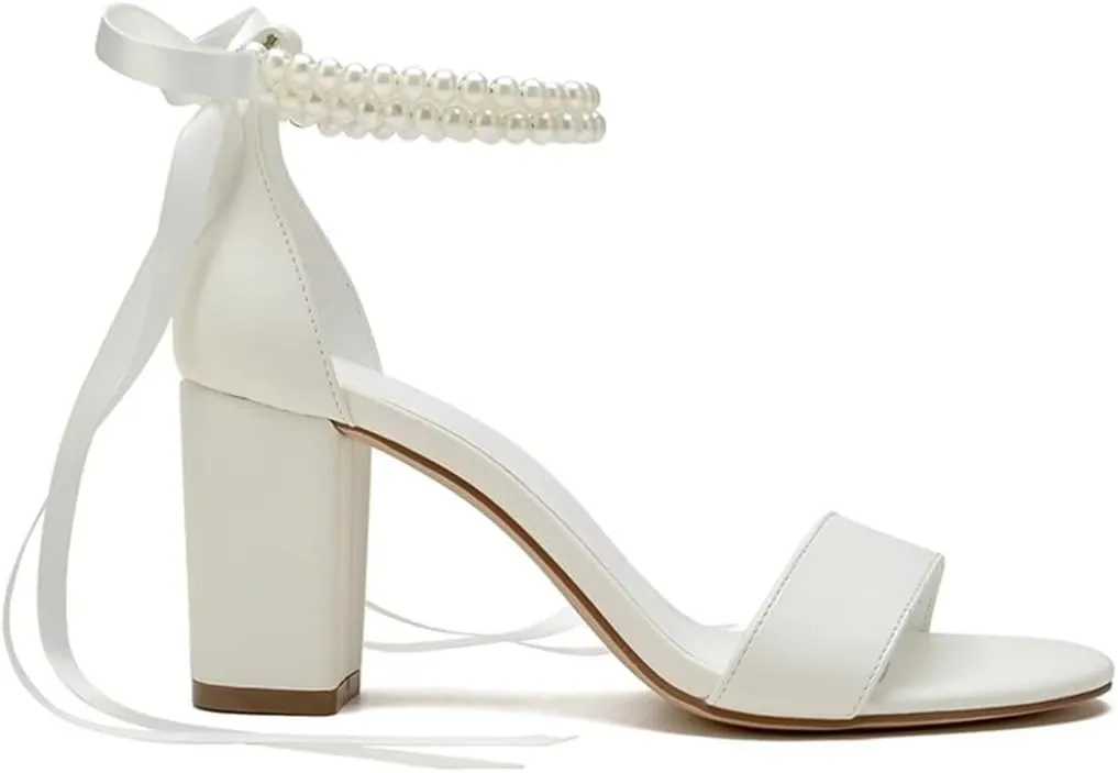 Pearl Wedding Shoes Open Toe Block Heel Wedding Sandals Chunky Heel Bridal Shoes
