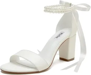 Pearl Wedding Shoes Open Toe Block Heel Wedding Sandals Chunky Heel Bridal Shoes