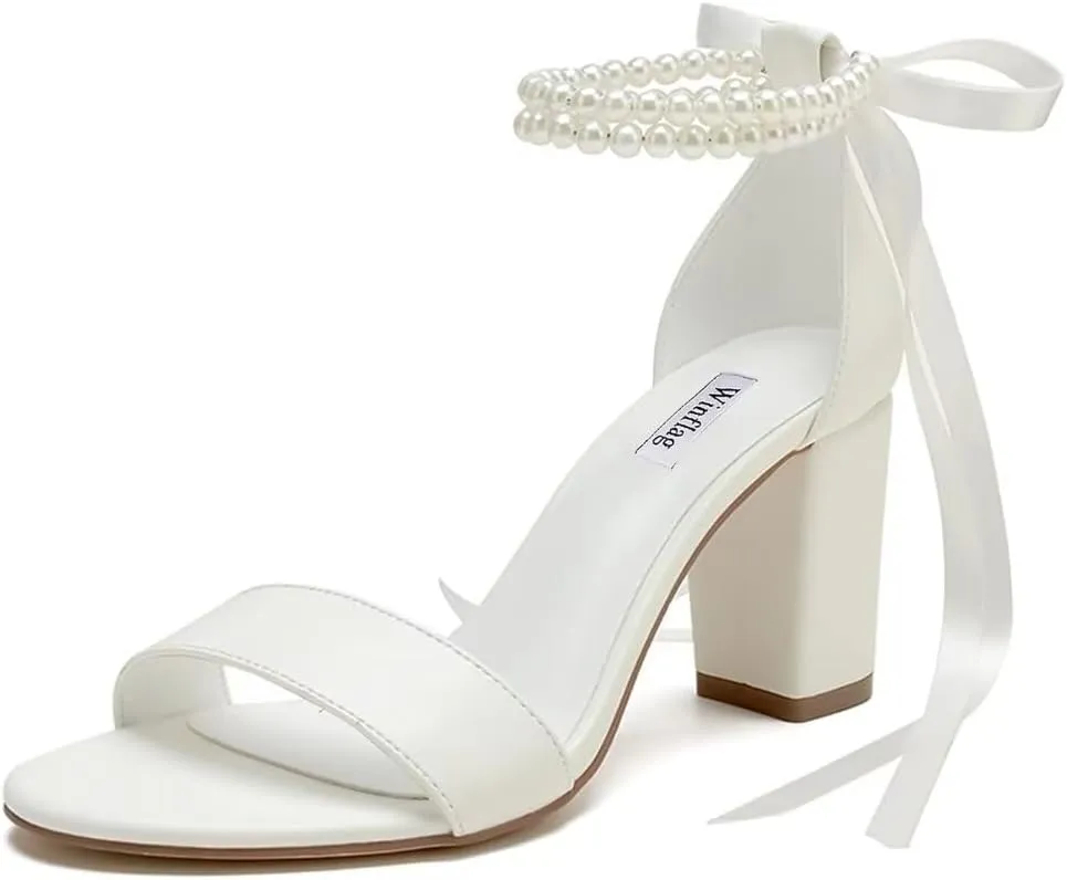 Pearl Wedding Shoes Open Toe Block Heel Wedding Sandals Chunky Heel Bridal Shoes