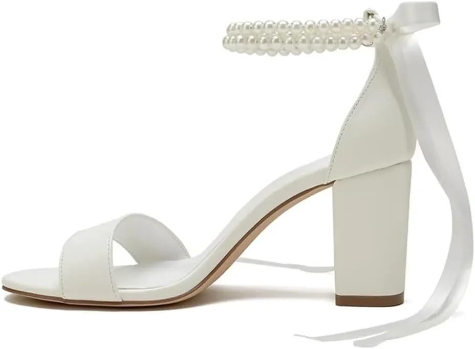 Pearl Wedding Shoes Open Toe Block Heel Wedding Sandals Chunky Heel Bridal Shoes