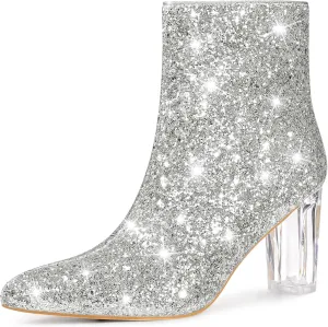 Perphy Clear Heel Sparkly Glitter Block Heels Ankle Boots for Women