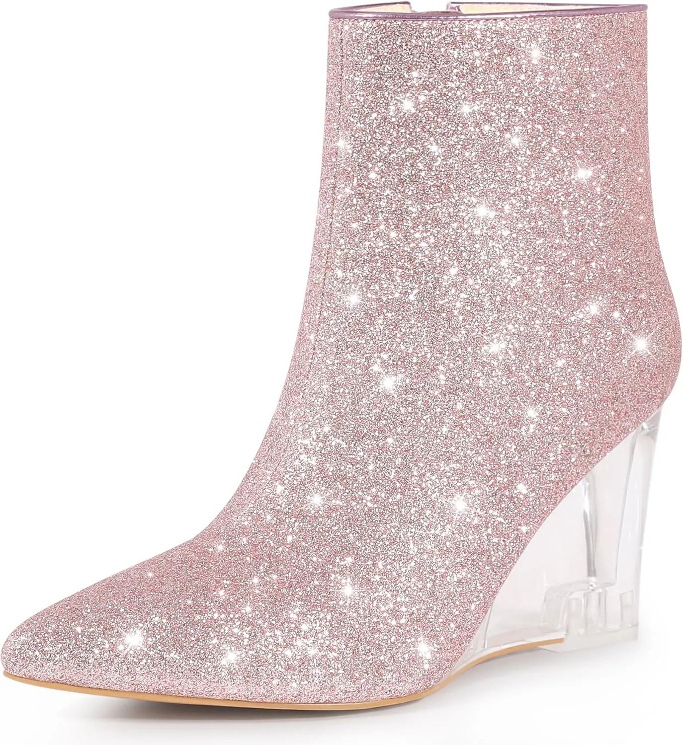 Perphy Clear Heels Boots Sequin Pointed Toe Glitter Wedge Heels Ankle Boots for Women