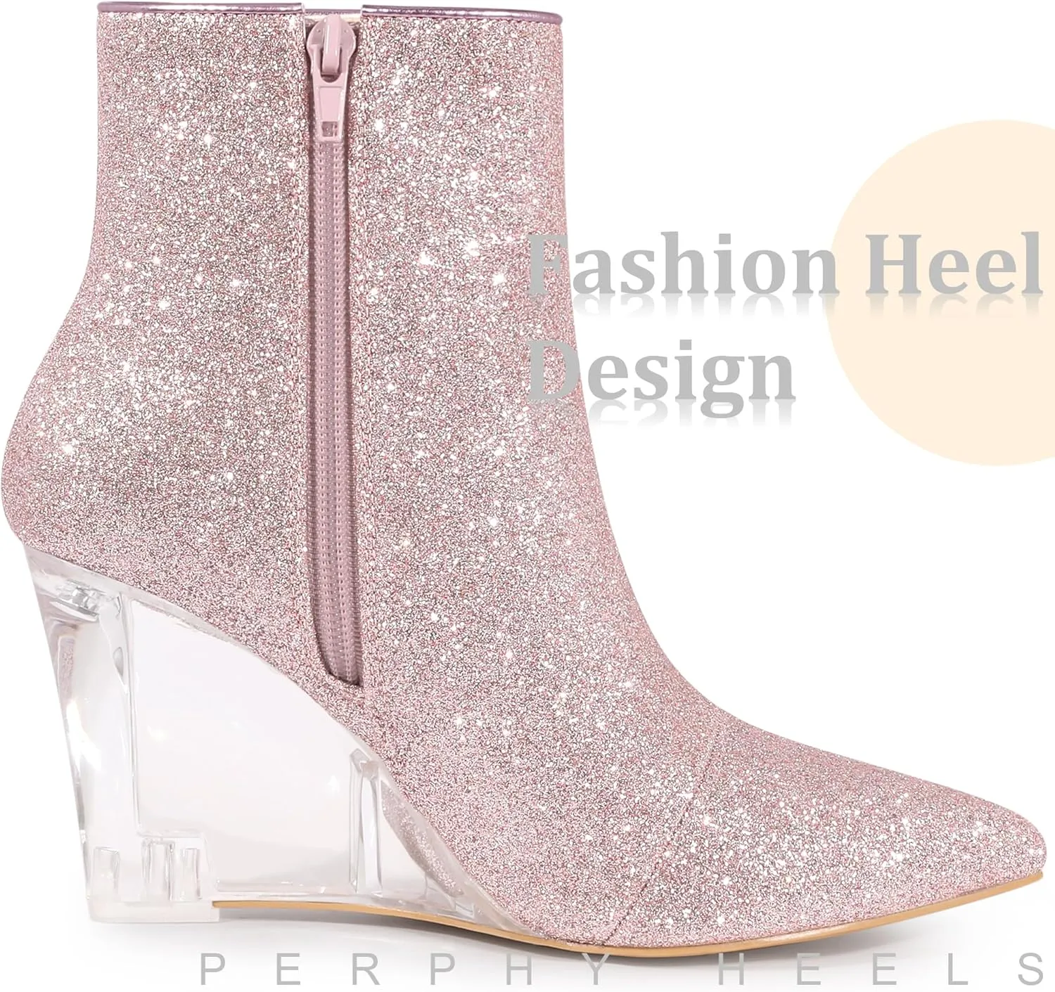 Perphy Clear Heels Boots Sequin Pointed Toe Glitter Wedge Heels Ankle Boots for Women