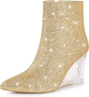 Perphy Clear Heels Boots Sequin Pointed Toe Glitter Wedge Heels Ankle Boots for Women