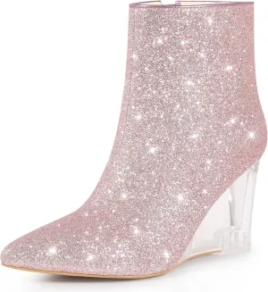 Perphy Clear Heels Boots Sequin Pointed Toe Glitter Wedge Heels Ankle Boots for Women