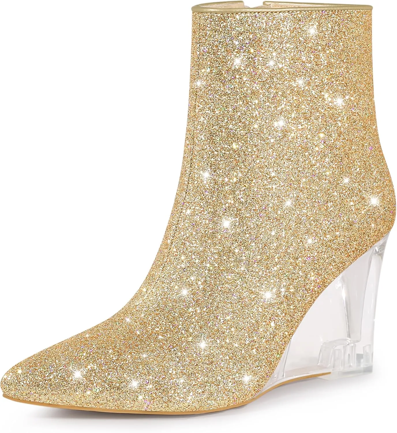 Perphy Clear Heels Boots Sequin Pointed Toe Glitter Wedge Heels Ankle Boots for Women