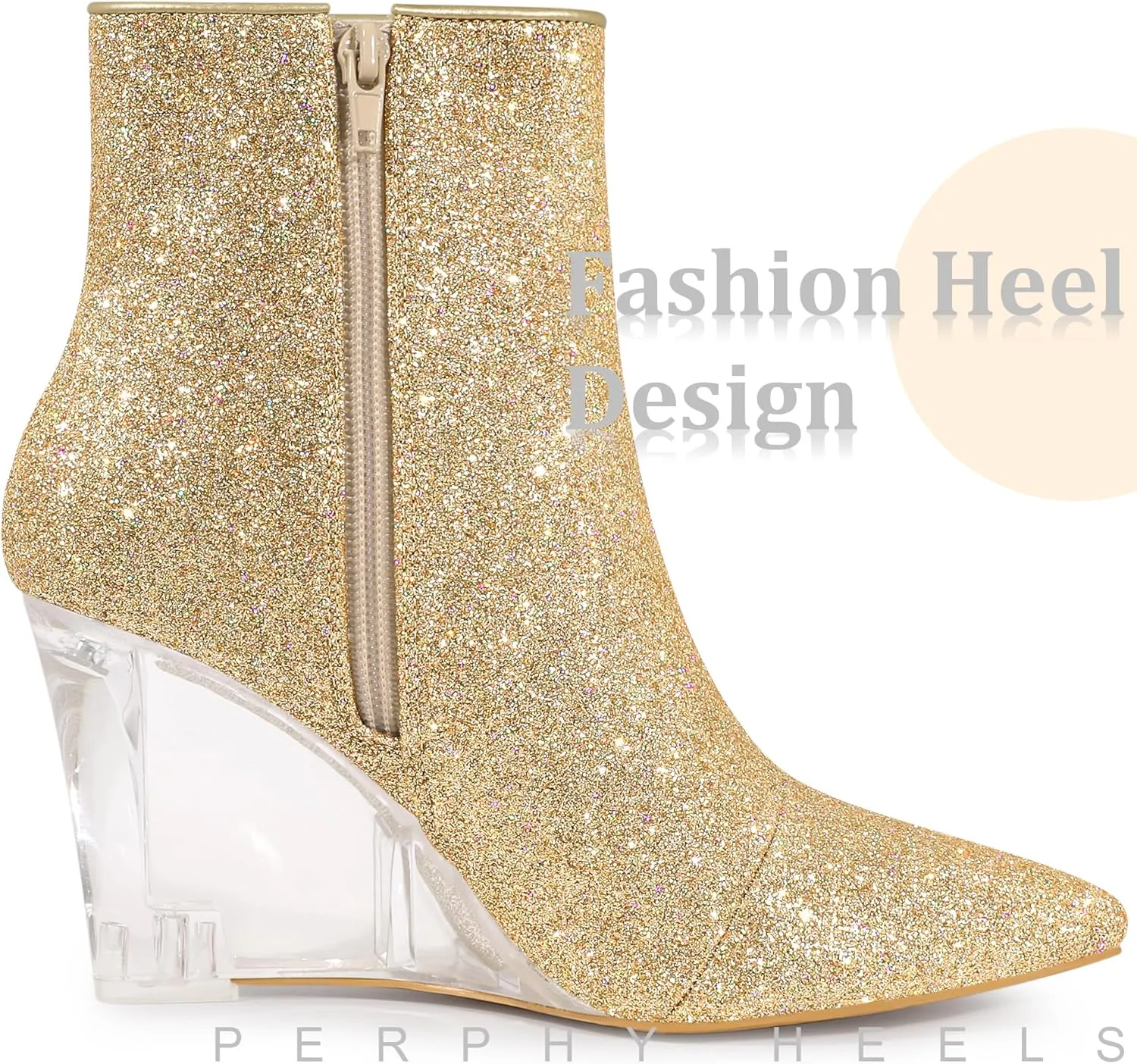 Perphy Clear Heels Boots Sequin Pointed Toe Glitter Wedge Heels Ankle Boots for Women