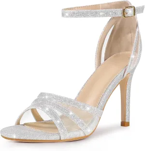 Perphy Glitter Heel Ankle Strap Stiletto Heels Pumps Sandals for Women