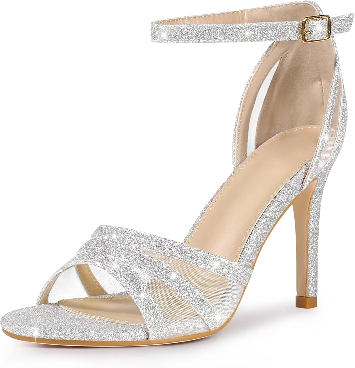 Perphy Glitter Heel Ankle Strap Stiletto Heels Pumps Sandals for Women
