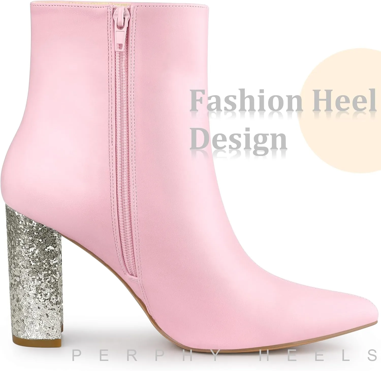 Perphy Glitter Heel Fashion Sparkly Pointy Toe Zipper Chunky Heels Ankle Boots for Women