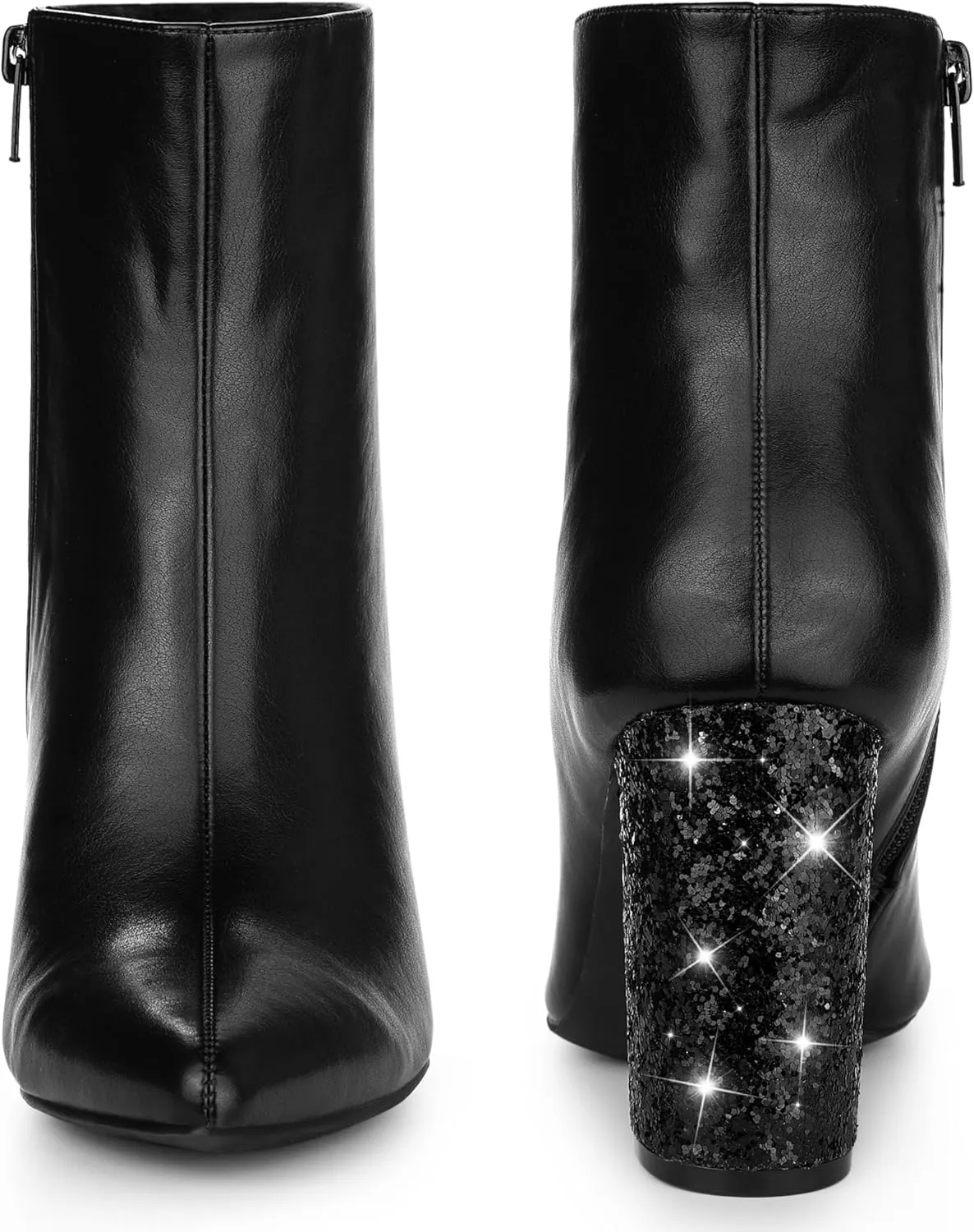 Perphy Glitter Heel Fashion Sparkly Pointy Toe Zipper Chunky Heels Ankle Boots for Women