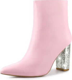 Perphy Glitter Heel Fashion Sparkly Pointy Toe Zipper Chunky Heels Ankle Boots for Women