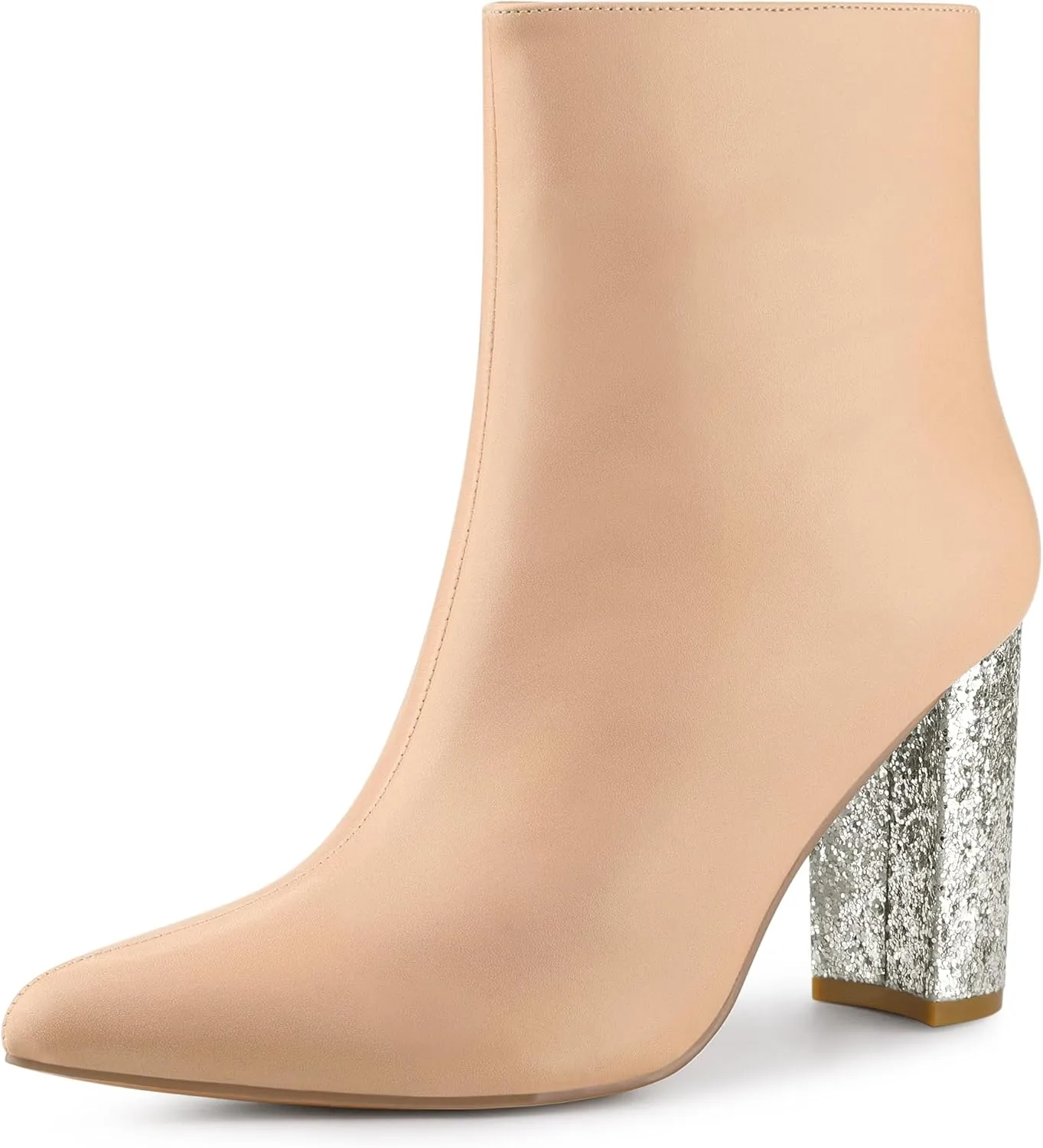 Perphy Glitter Heel Fashion Sparkly Pointy Toe Zipper Chunky Heels Ankle Boots for Women
