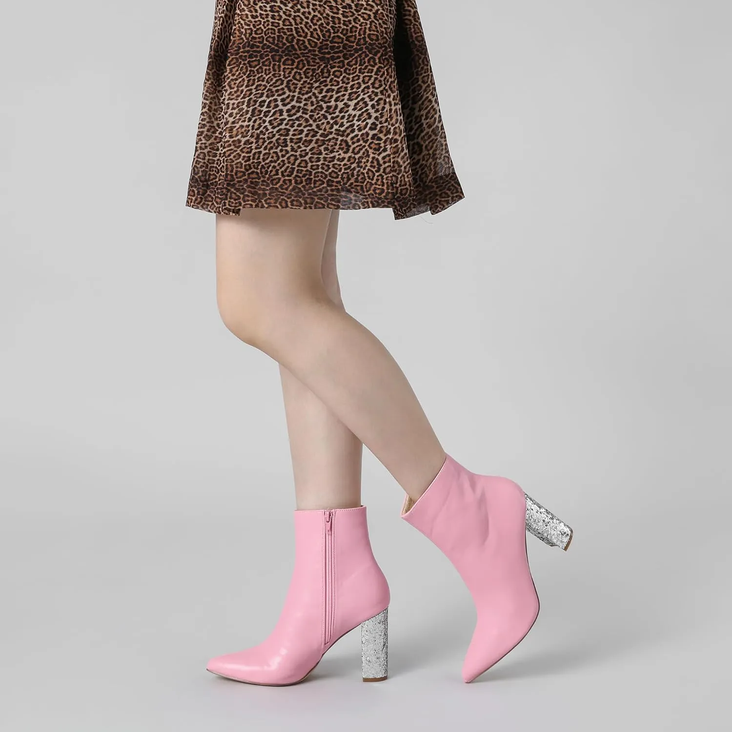 Perphy Glitter Heel Fashion Sparkly Pointy Toe Zipper Chunky Heels Ankle Boots for Women