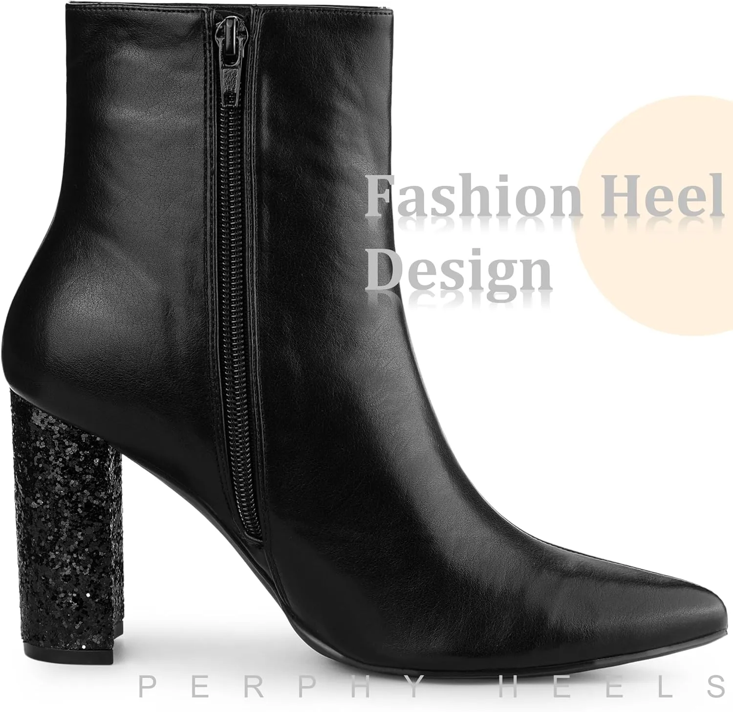 Perphy Glitter Heel Fashion Sparkly Pointy Toe Zipper Chunky Heels Ankle Boots for Women