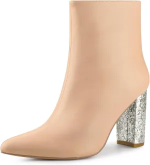 Perphy Glitter Heel Fashion Sparkly Pointy Toe Zipper Chunky Heels Ankle Boots for Women