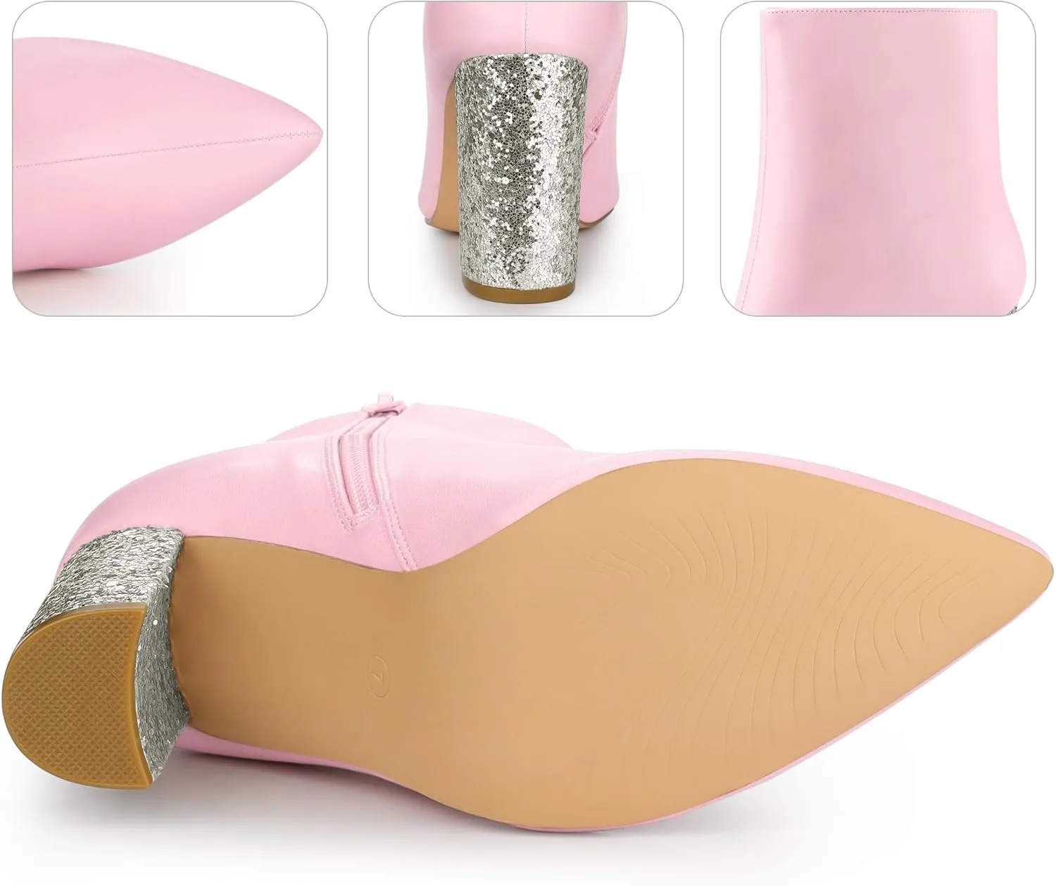 Perphy Glitter Heel Fashion Sparkly Pointy Toe Zipper Chunky Heels Ankle Boots for Women