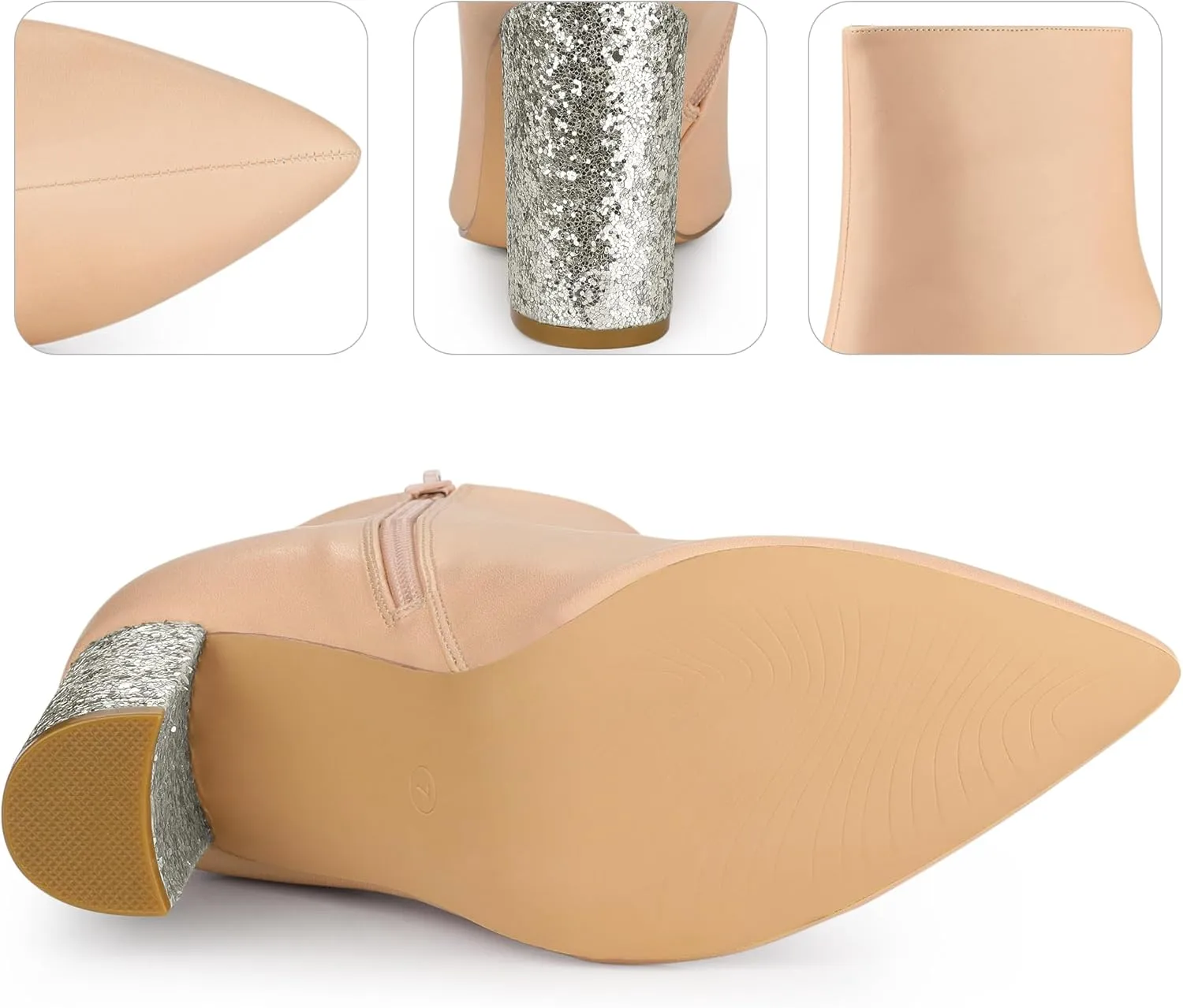 Perphy Glitter Heel Fashion Sparkly Pointy Toe Zipper Chunky Heels Ankle Boots for Women