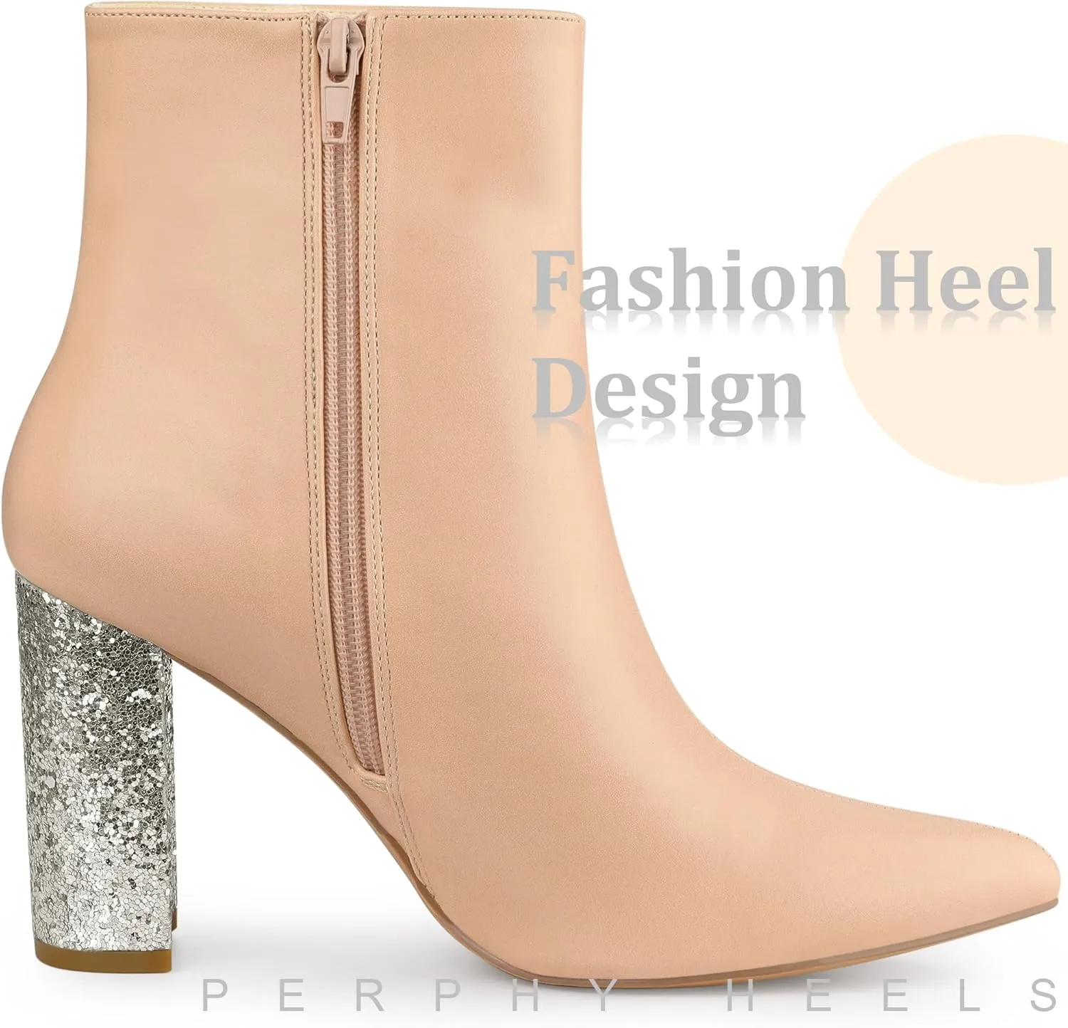 Perphy Glitter Heel Fashion Sparkly Pointy Toe Zipper Chunky Heels Ankle Boots for Women