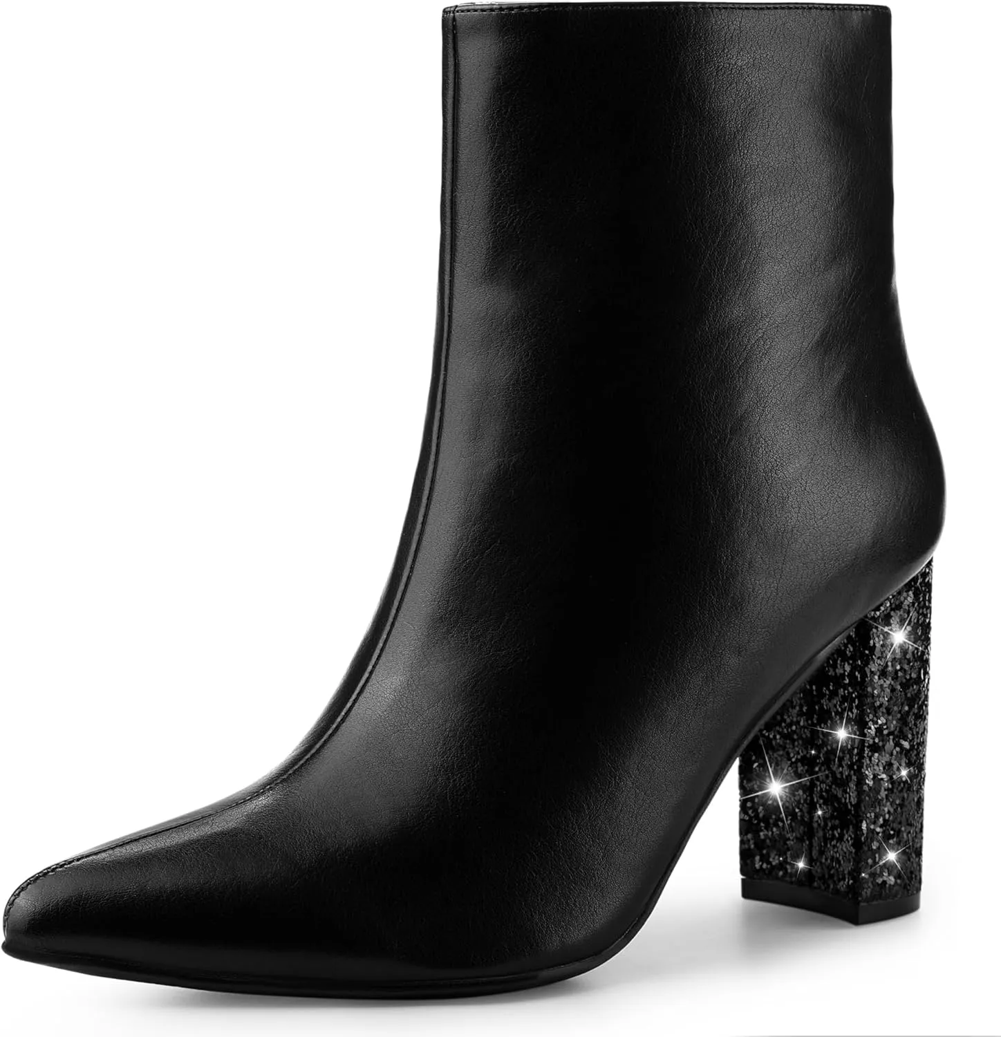 Perphy Glitter Heel Fashion Sparkly Pointy Toe Zipper Chunky Heels Ankle Boots for Women