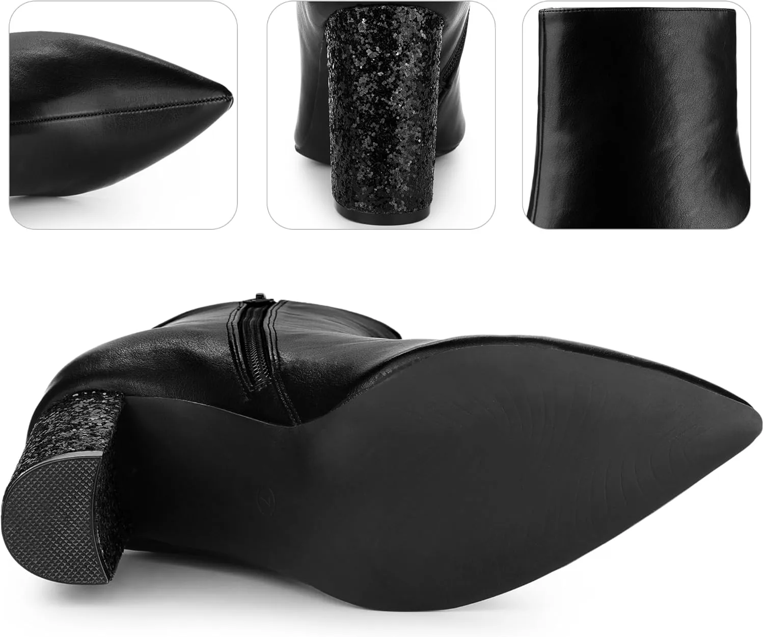 Perphy Glitter Heel Fashion Sparkly Pointy Toe Zipper Chunky Heels Ankle Boots for Women