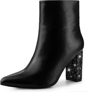 Perphy Glitter Heel Fashion Sparkly Pointy Toe Zipper Chunky Heels Ankle Boots for Women
