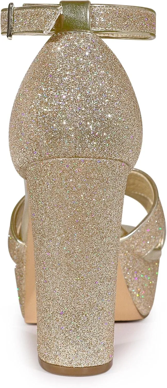 Perphy Glitter Platform Heel Crisscross Strap Chunky Heels Sandals for Women