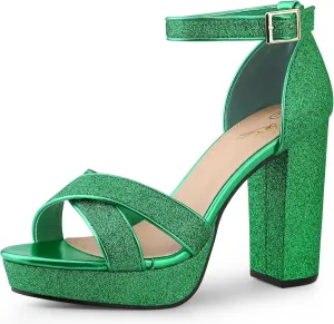 Perphy Glitter Platform Heel Crisscross Strap Chunky Heels Sandals for Women