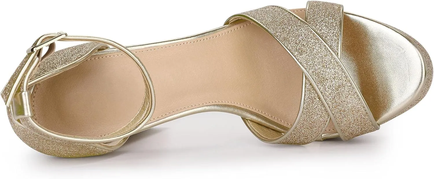 Perphy Glitter Platform Heel Crisscross Strap Chunky Heels Sandals for Women