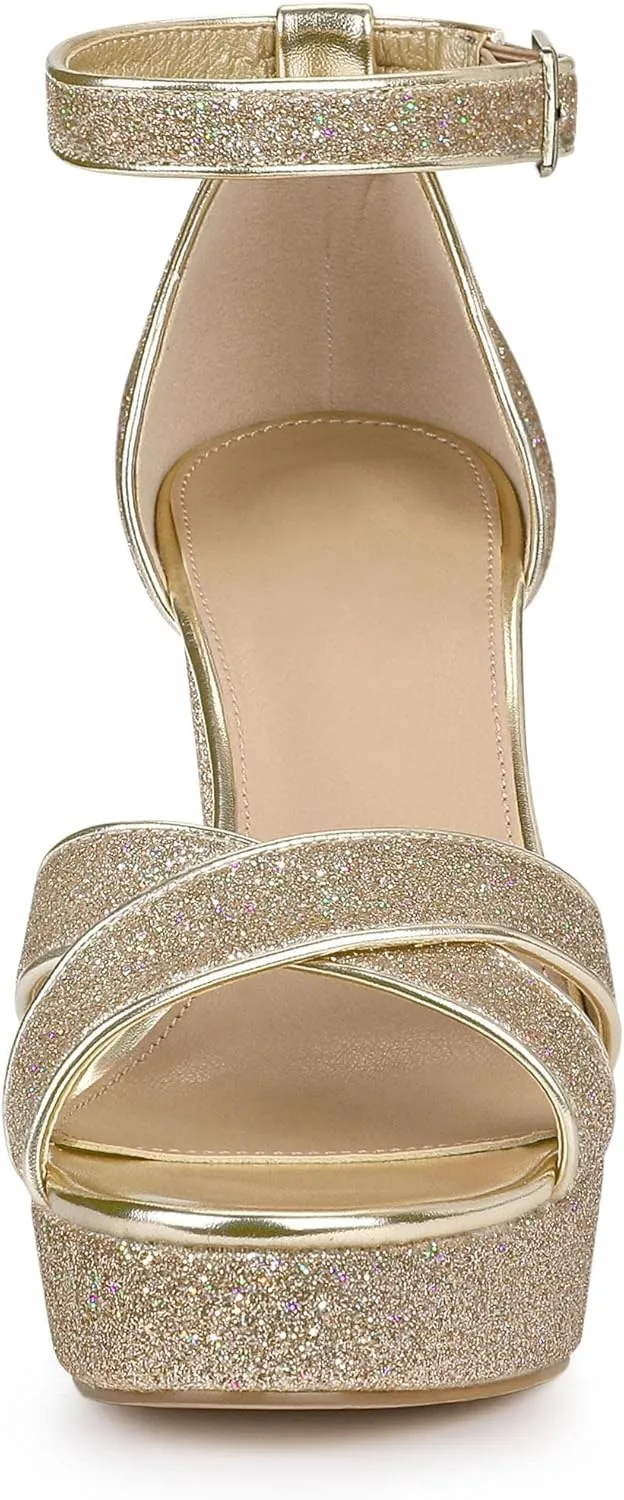 Perphy Glitter Platform Heel Crisscross Strap Chunky Heels Sandals for Women