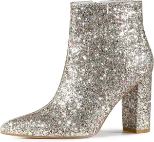 Perphy Glitter Pointed Toe Chunky Heels Sparkly Booties Ankle Boots for Women