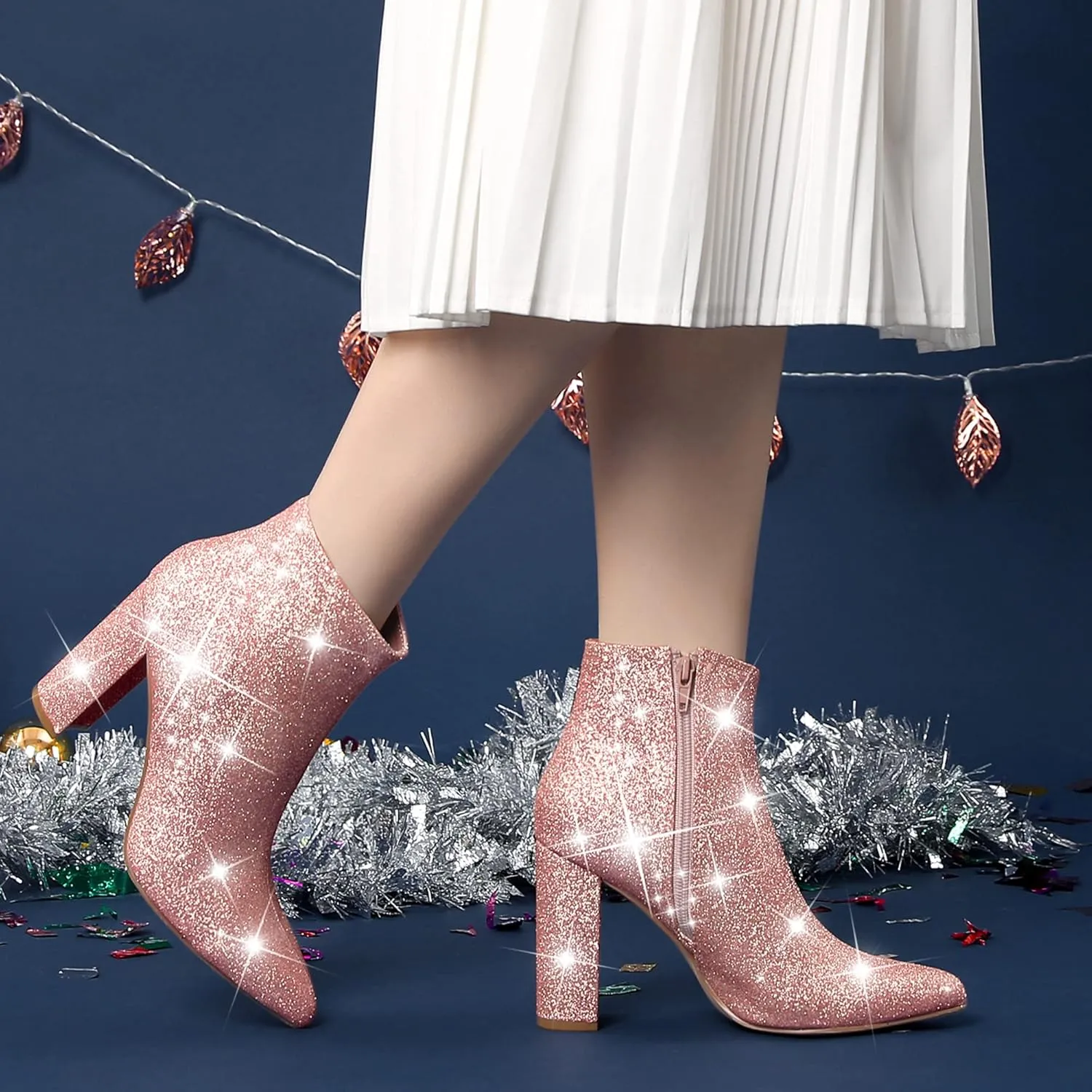 Perphy Glitter Pointed Toe Chunky Heels Sparkly Booties Ankle Boots for Women