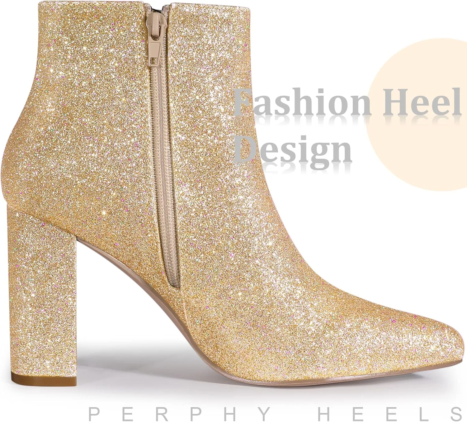 Perphy Glitter Pointed Toe Chunky Heels Sparkly Booties Ankle Boots for Women