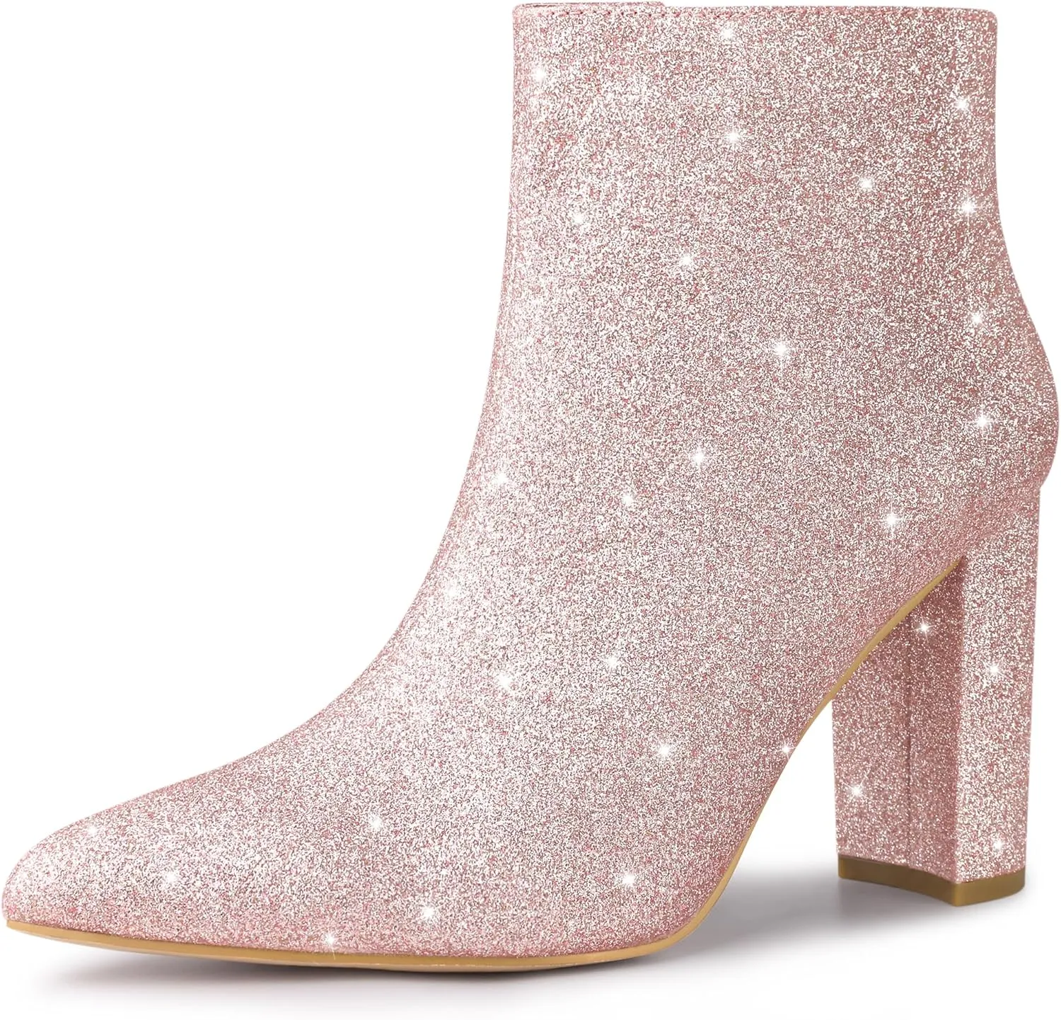 Perphy Glitter Pointed Toe Chunky Heels Sparkly Booties Ankle Boots for Women