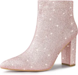 Perphy Glitter Pointed Toe Chunky Heels Sparkly Booties Ankle Boots for Women