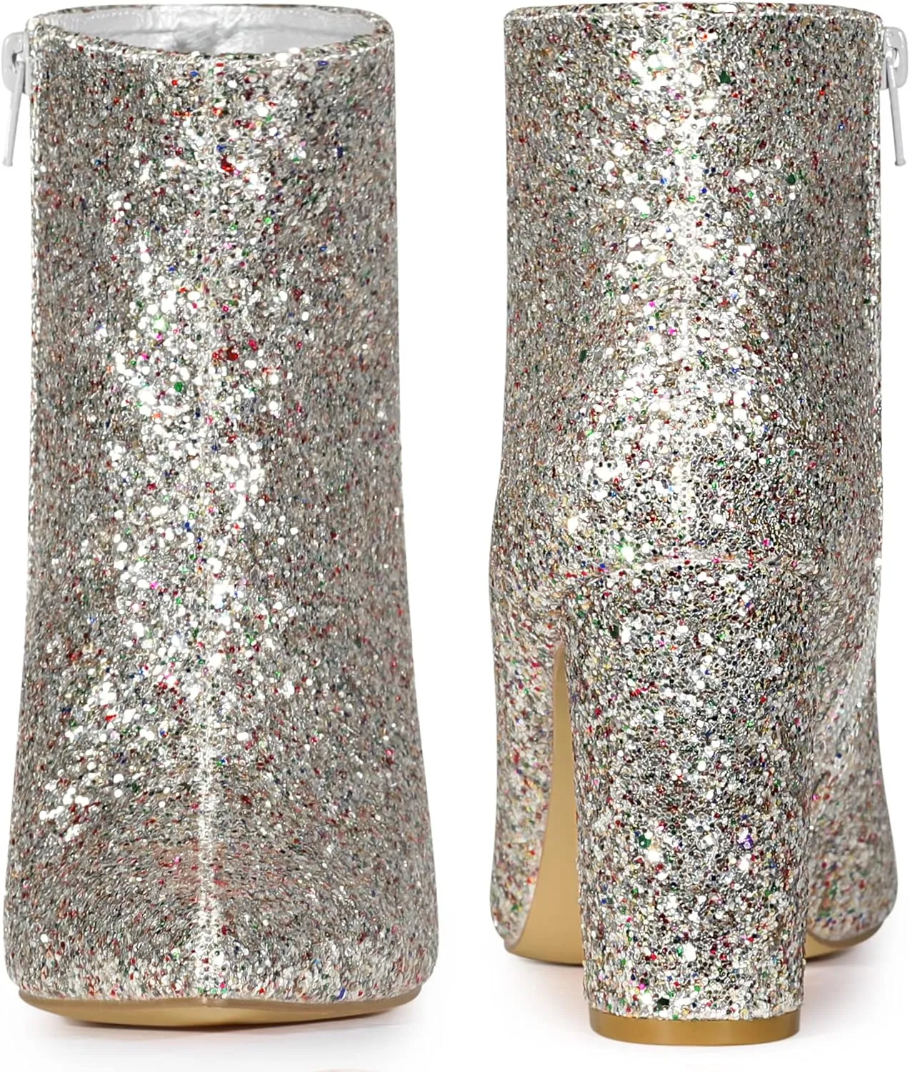 Perphy Glitter Pointed Toe Chunky Heels Sparkly Booties Ankle Boots for Women