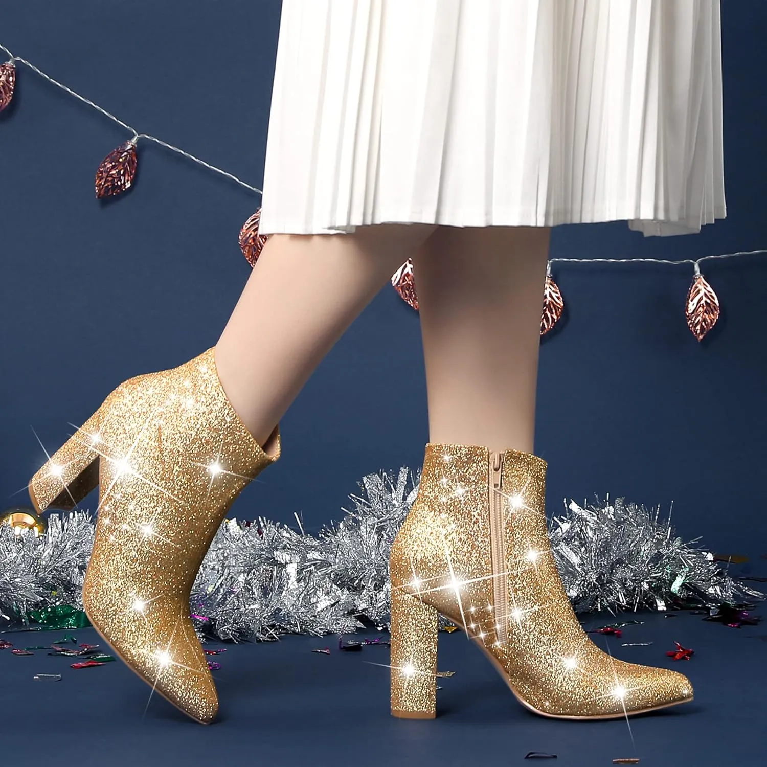 Perphy Glitter Pointed Toe Chunky Heels Sparkly Booties Ankle Boots for Women