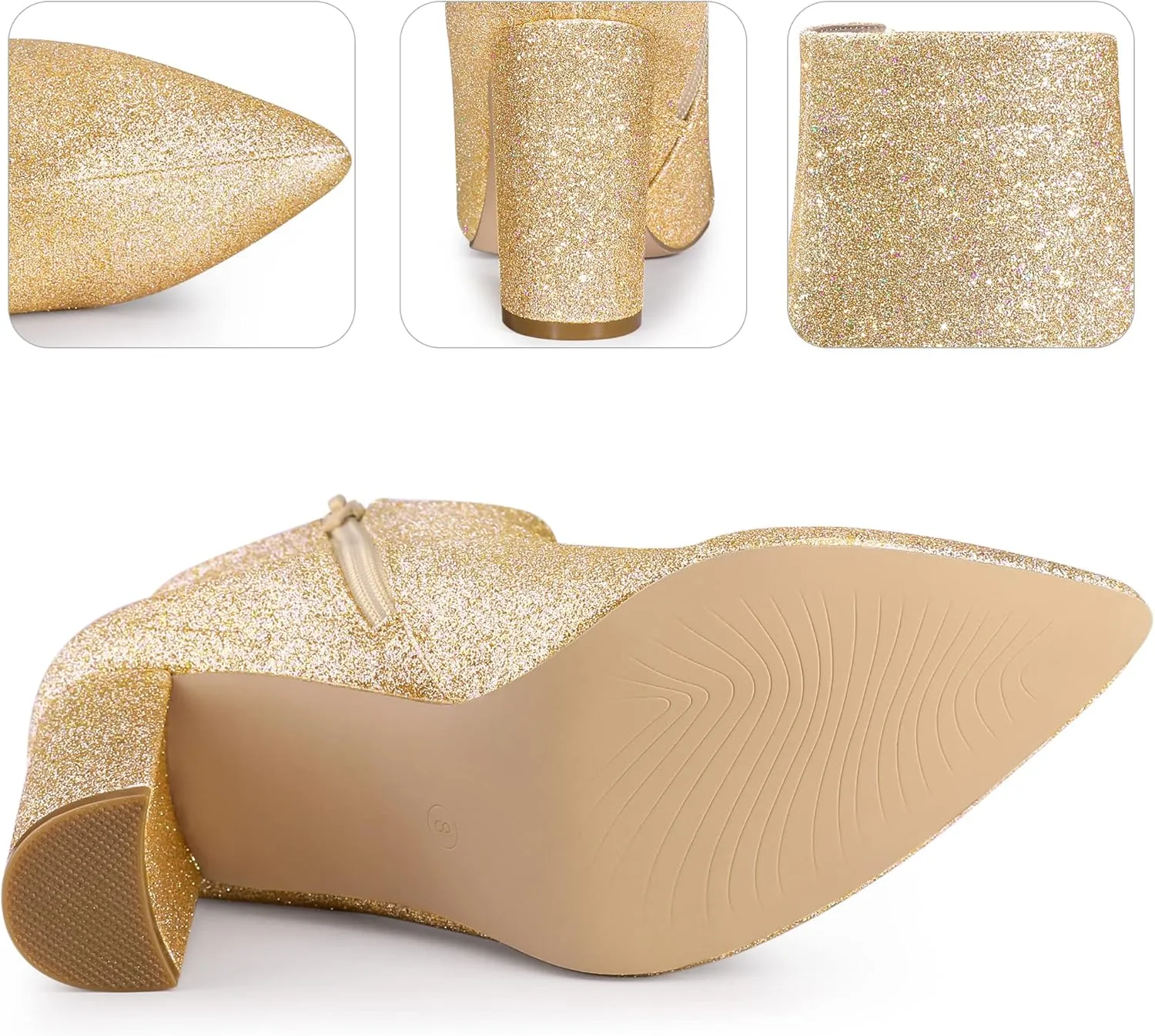 Perphy Glitter Pointed Toe Chunky Heels Sparkly Booties Ankle Boots for Women