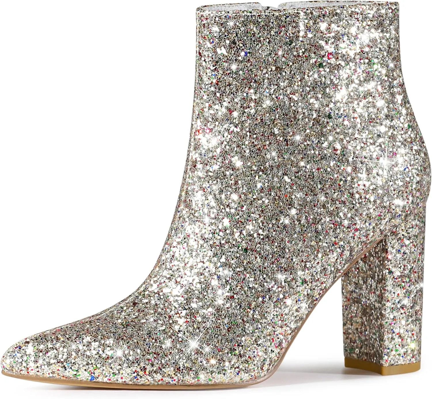 Perphy Glitter Pointed Toe Chunky Heels Sparkly Booties Ankle Boots for Women