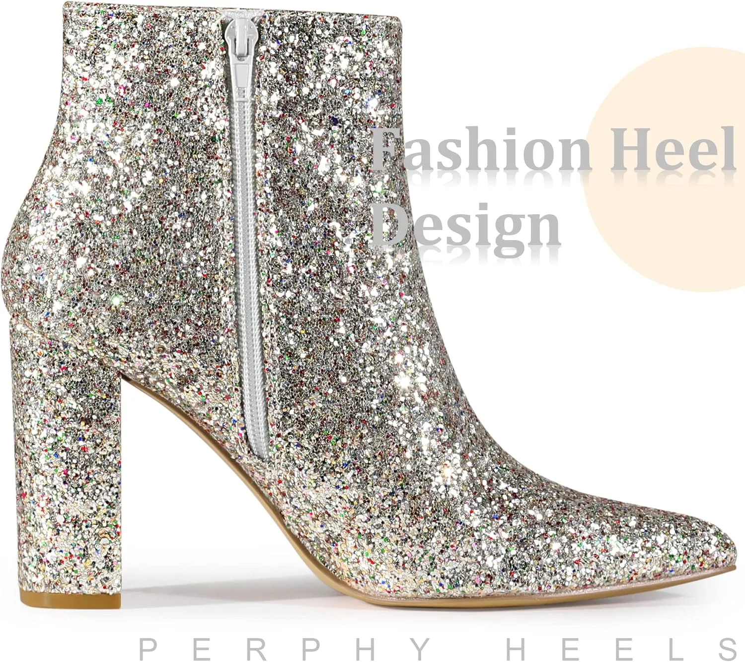 Perphy Glitter Pointed Toe Chunky Heels Sparkly Booties Ankle Boots for Women