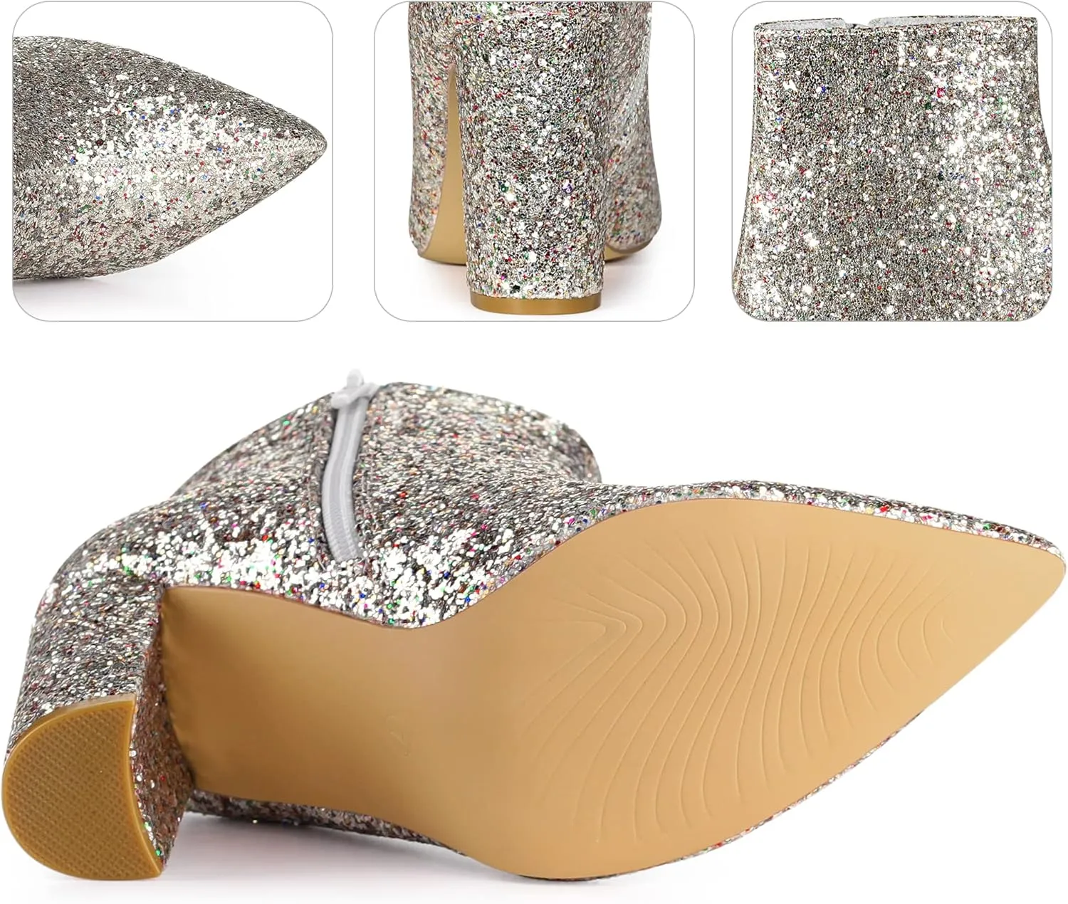 Perphy Glitter Pointed Toe Chunky Heels Sparkly Booties Ankle Boots for Women