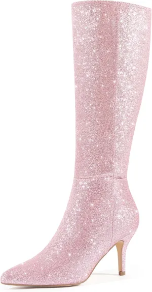 Perphy Glitter Pointed Toe Sparkly Stiletto Heel Knee High Boots for Women