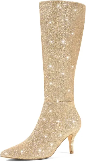 Perphy Glitter Pointed Toe Sparkly Stiletto Heel Knee High Boots for Women